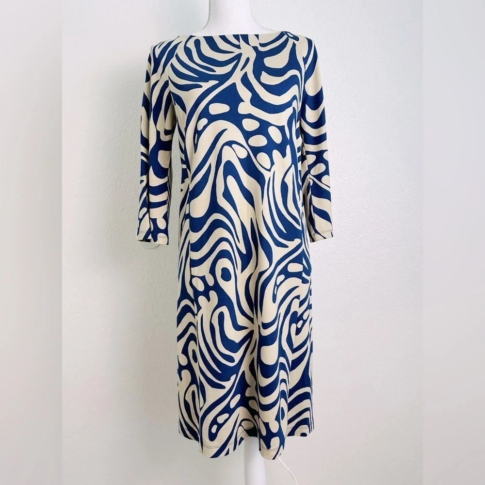 J McLaughlin Campbell Dress in Beige/Navy Puddle Print Size Small